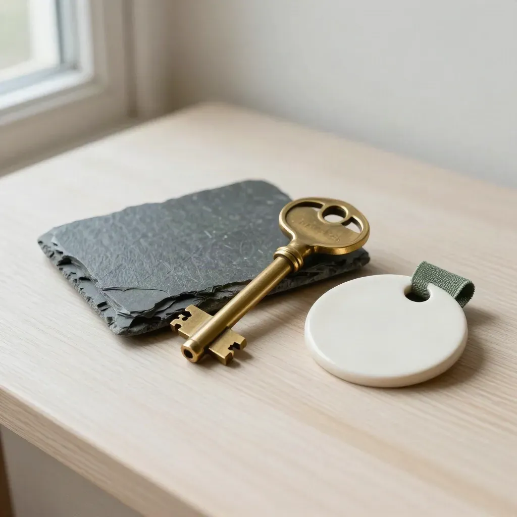 Brass key, slate tile sample and ceramic token on pale oak, lit by soft side daylight.