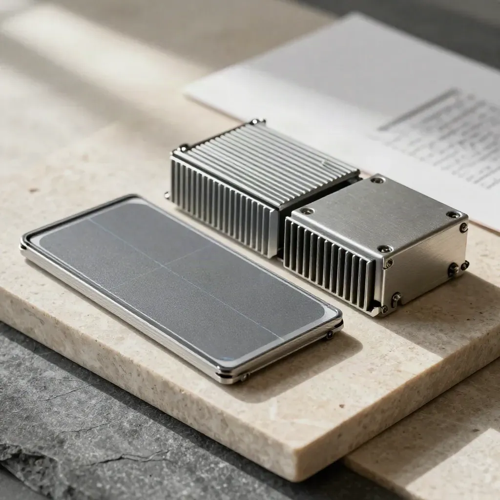 Solar panel corner, heatsink fin and battery module offcut on limestone plaster with soft side light.