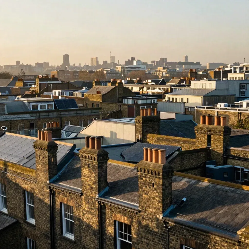 Golden-hour London rooftops with hazy skyline and a few solar panels