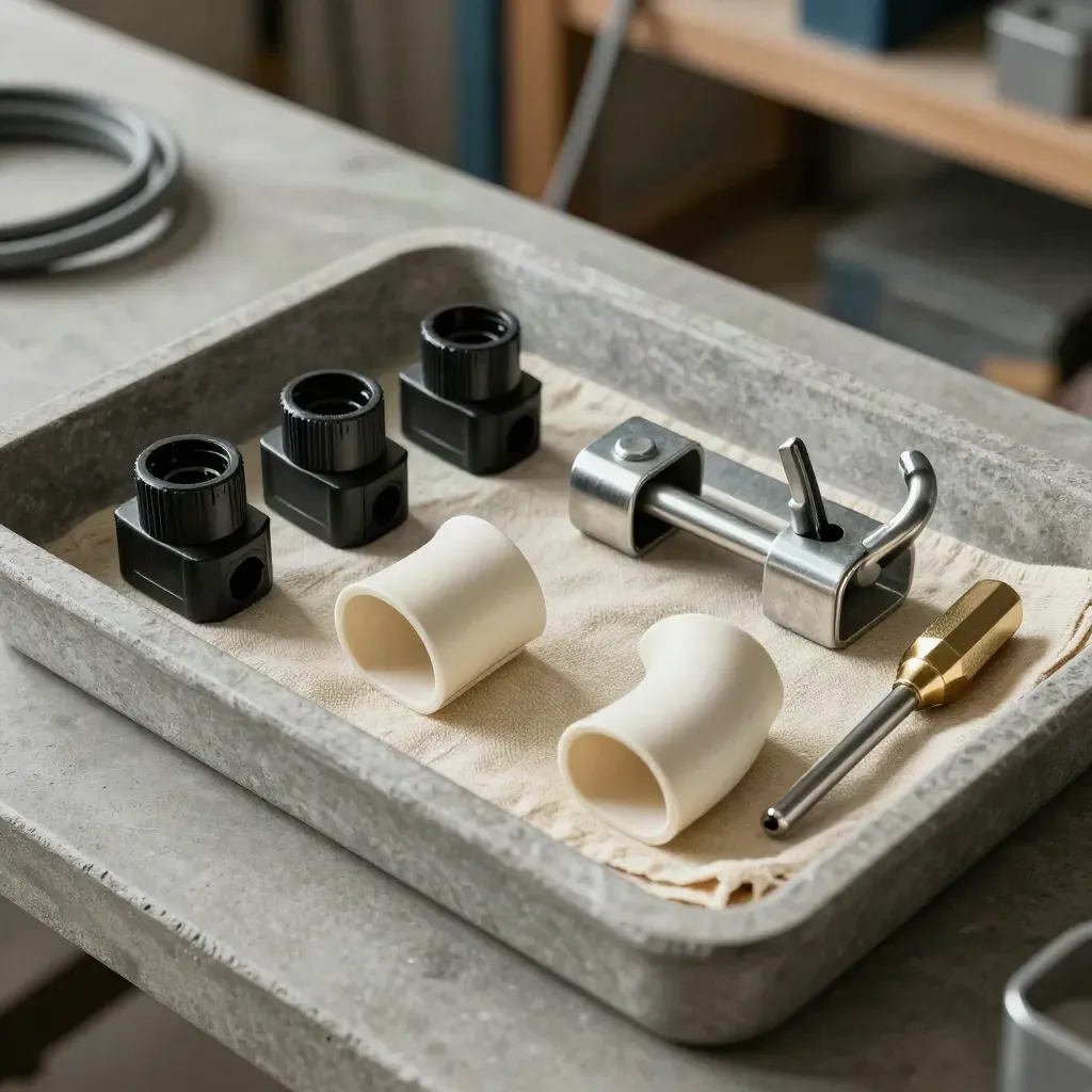 Overhead install kit tray with MC4 connectors, roof hooks, conduit bends and torque bit on concrete.