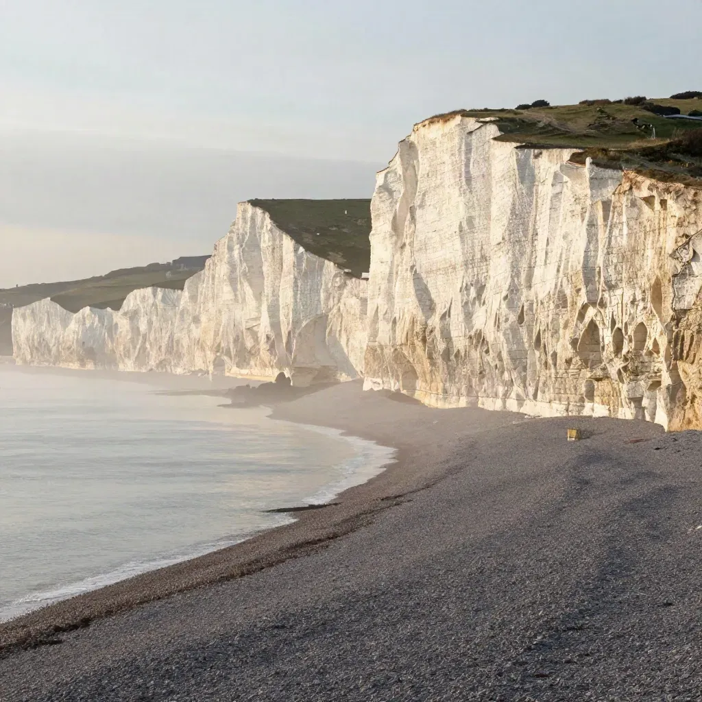 Brighton chalk cliffs and rooftops glowing in sunrise mist above a calm coastal foreground.