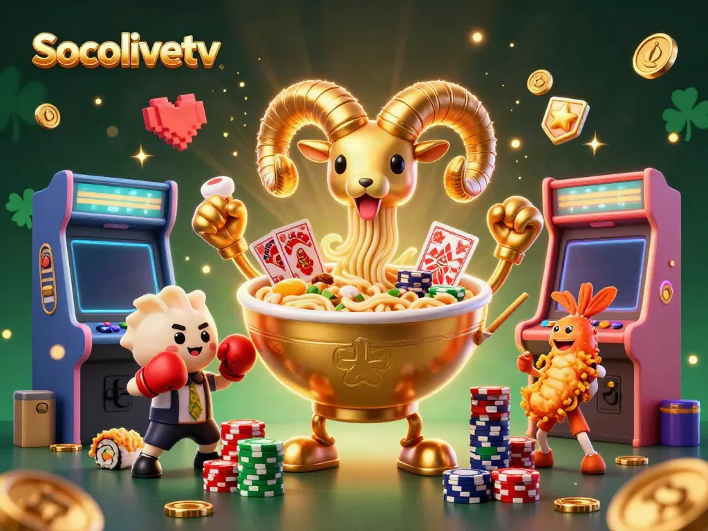 Socolivetv's vibrant 3D scene highlights a golden ramen bowl character with noodle arms engaging in casino fun.