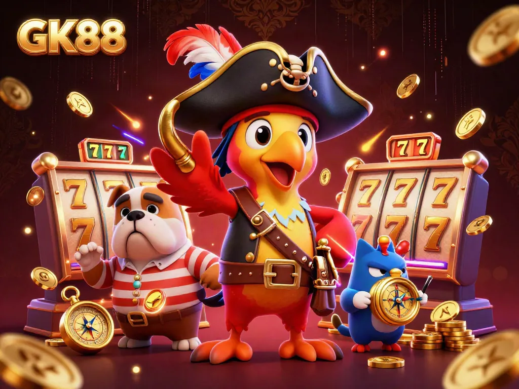Engage in thrilling GK88 slots with a pirate captain parrot and dynamic casino symbols.