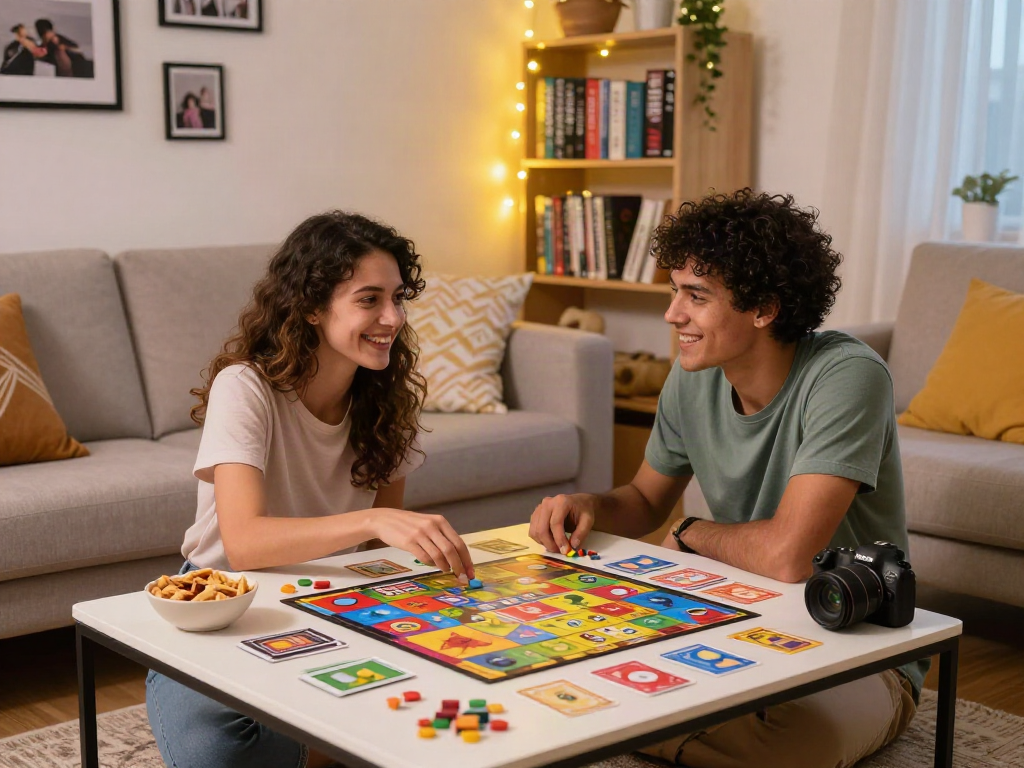 Couple engaged in a fun sex game night surrounded by cozy decor.
