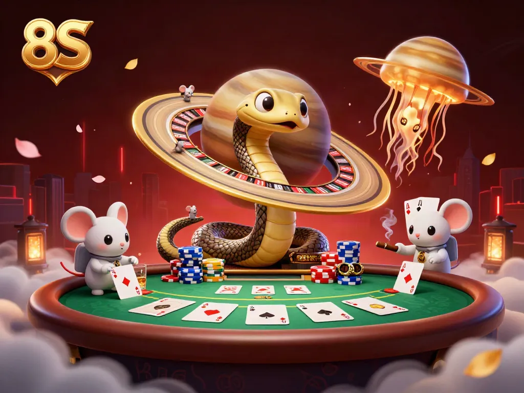 Engage with the thrilling world of cosmic gambling at 8S with animated characters and vibrant casino elements.