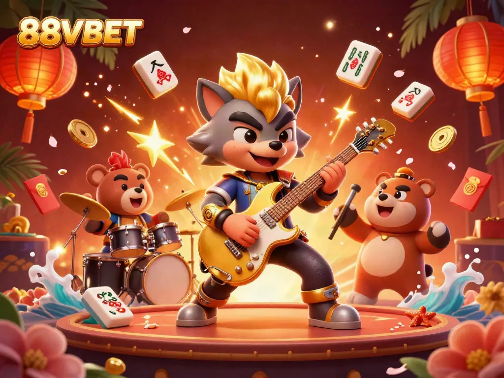 Experience the thrill of 88VBET with energetic characters in action at a vibrant casino stage.