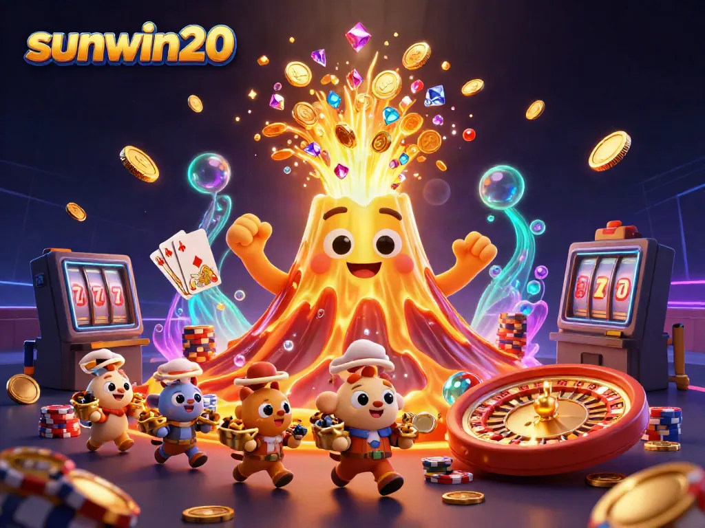 Win big with sunwin20 as the vibrant golden volcano unleashes treasures in this thrilling casino scene.