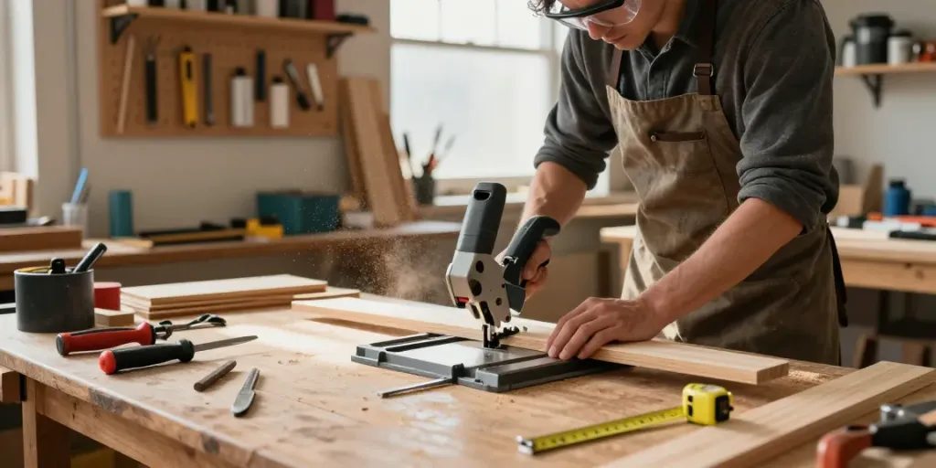 Craftsman using a manual mitre saw in a home workshop, precise cutting, and traditional woodworking tools.