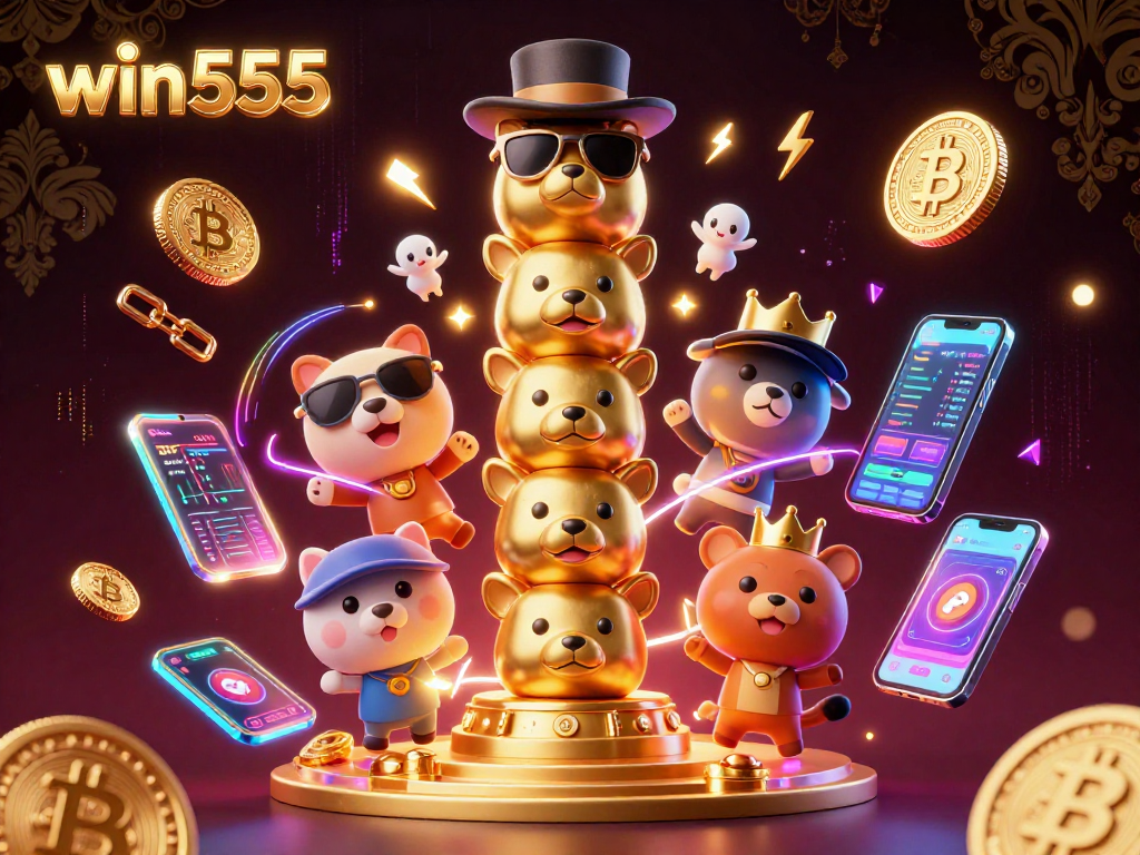 Engage with win555's vibrant 3D casino scene showcasing a golden totem pole among crypto elements.