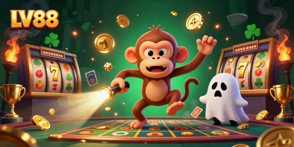Experience thrilling gaming action at LV88 with a poltergeist monkey juggling golden casino elements and a ghost-hunter puppy.