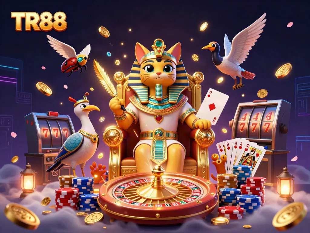 Experience the vibrant TR88 atmosphere with Egyptian-themed casino elements and dynamic gaming scenes.