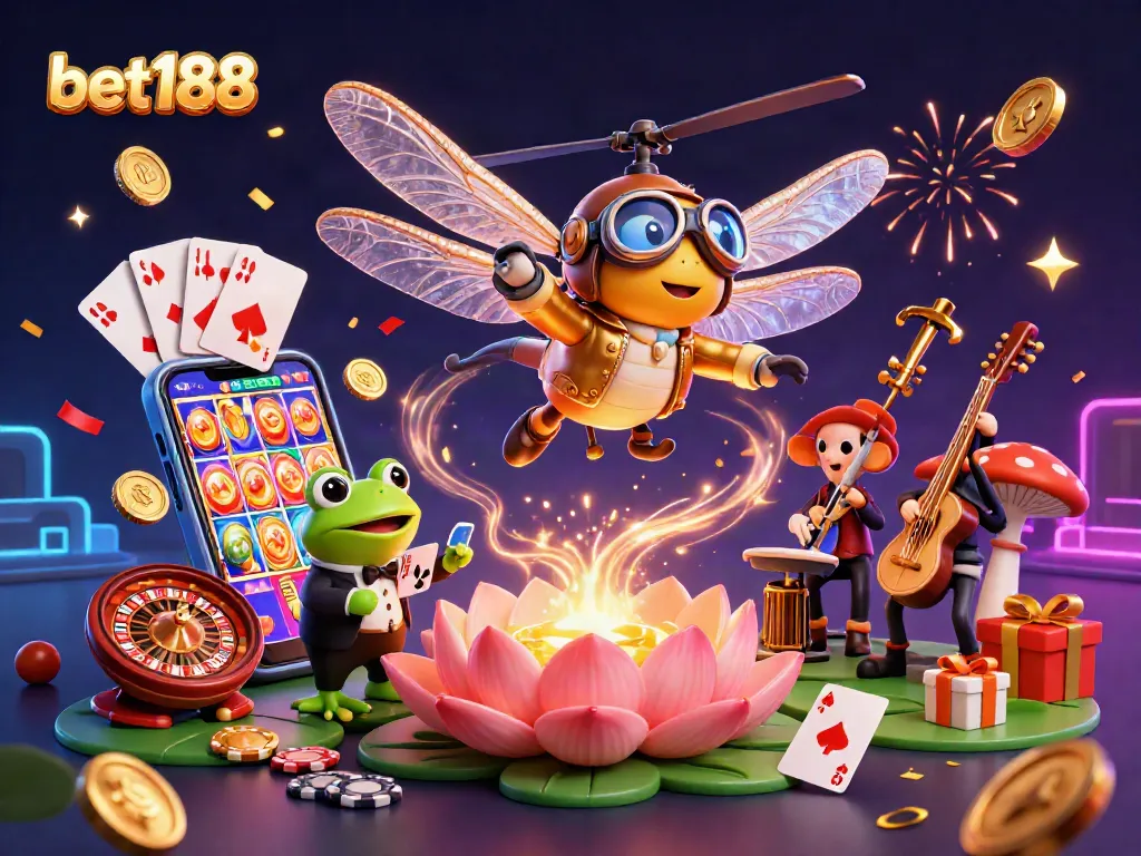 Engage with bet188 at a vibrant lily pad casino, where a frog croupier deals cards surrounded by fun.