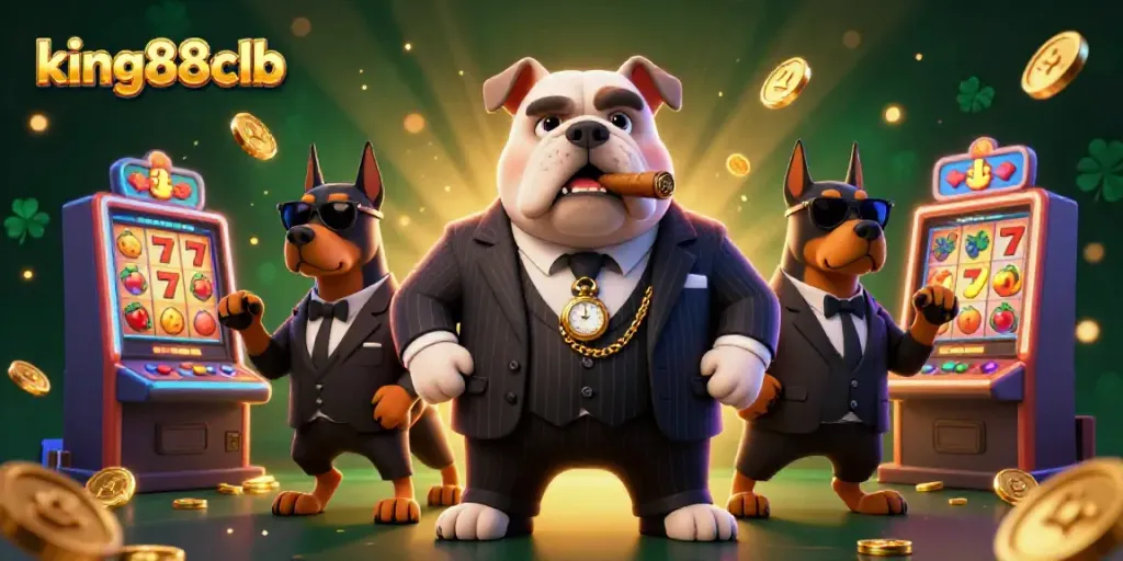 Experience excitement at king88clb with a mafia boss and bodyguards in a vibrant casino scene.