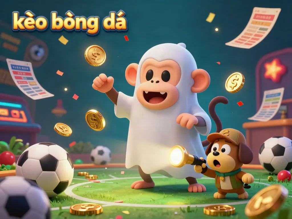 Experience the thrill of kèo bóng đá with a lively 3D illustration featuring a mischievous monkey and a ghost-hunter puppy in a dynamic betting scene.