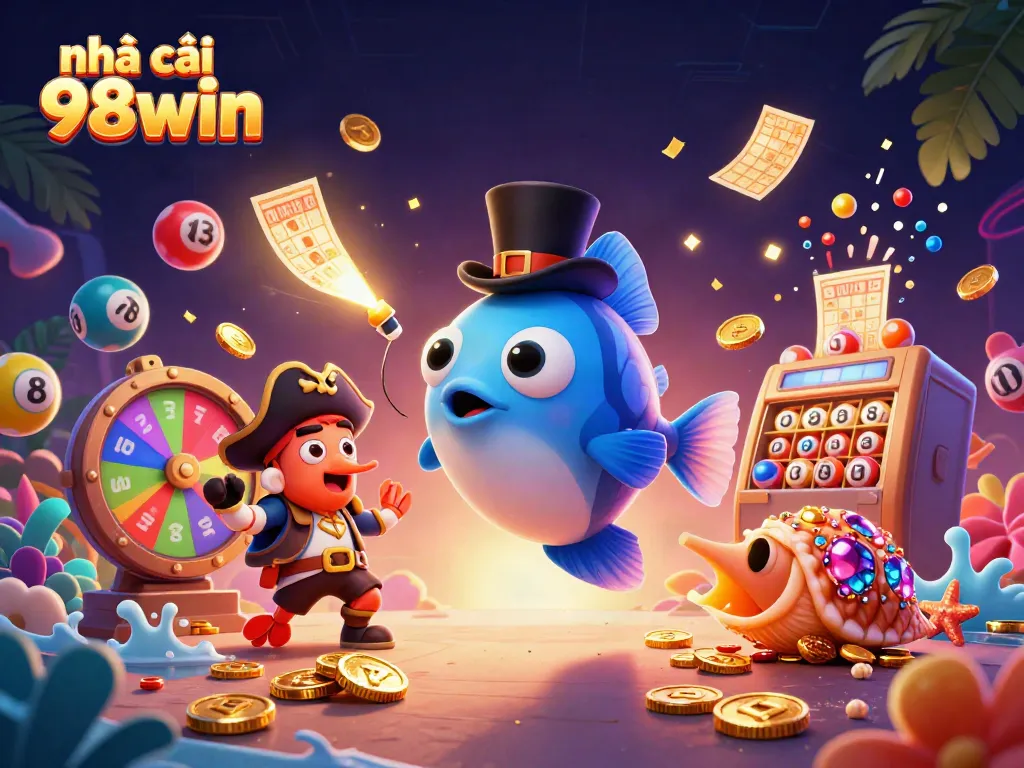 nhà cái 98win features a whimsical 3D deep-sea scene with gambling elements and vibrant characters.