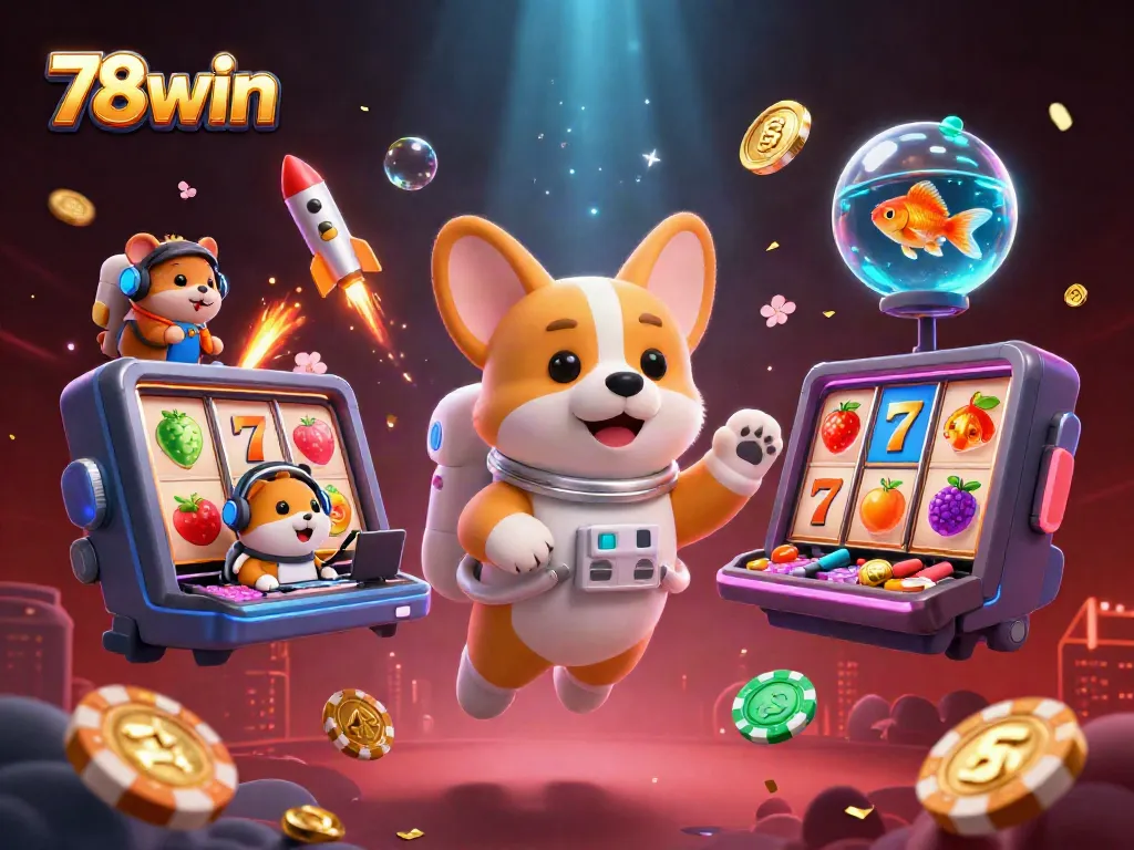 Engage in the vibrant casino atmosphere of 78win with a floating corgi and money.