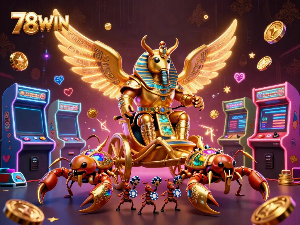 Experience thrilling gameplay with 78WIN as a golden scarab beetle leads a casino adventure.