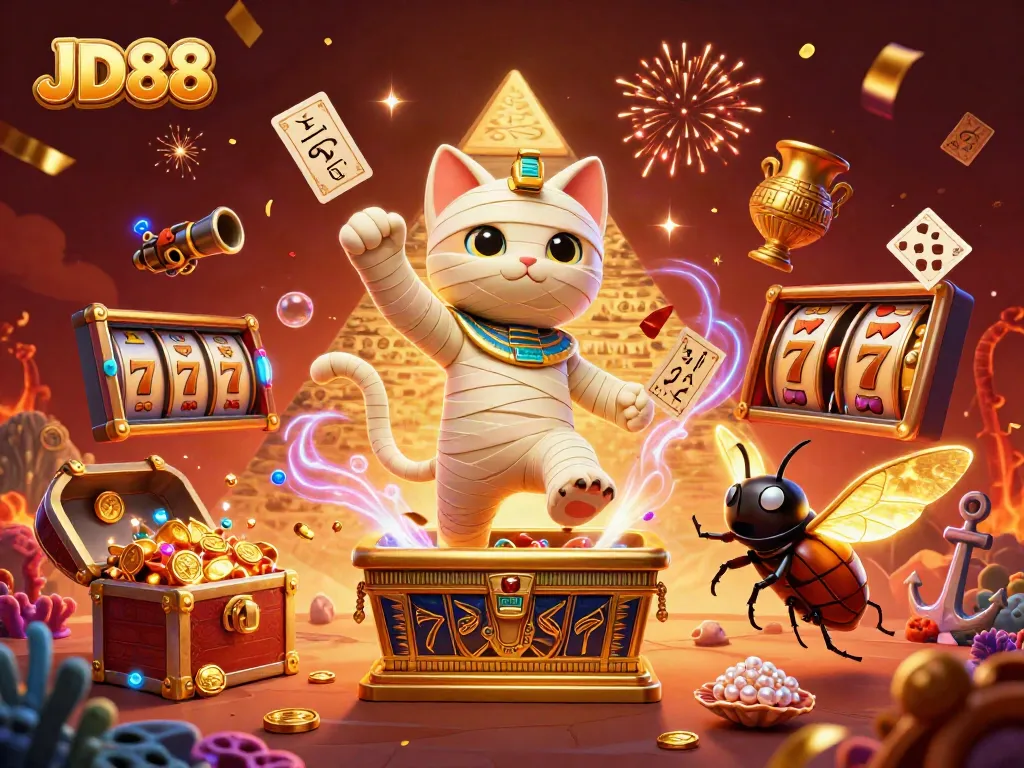 Experience JD88 with a vivid 3D illustration of a mummy cat and jackpot slots.