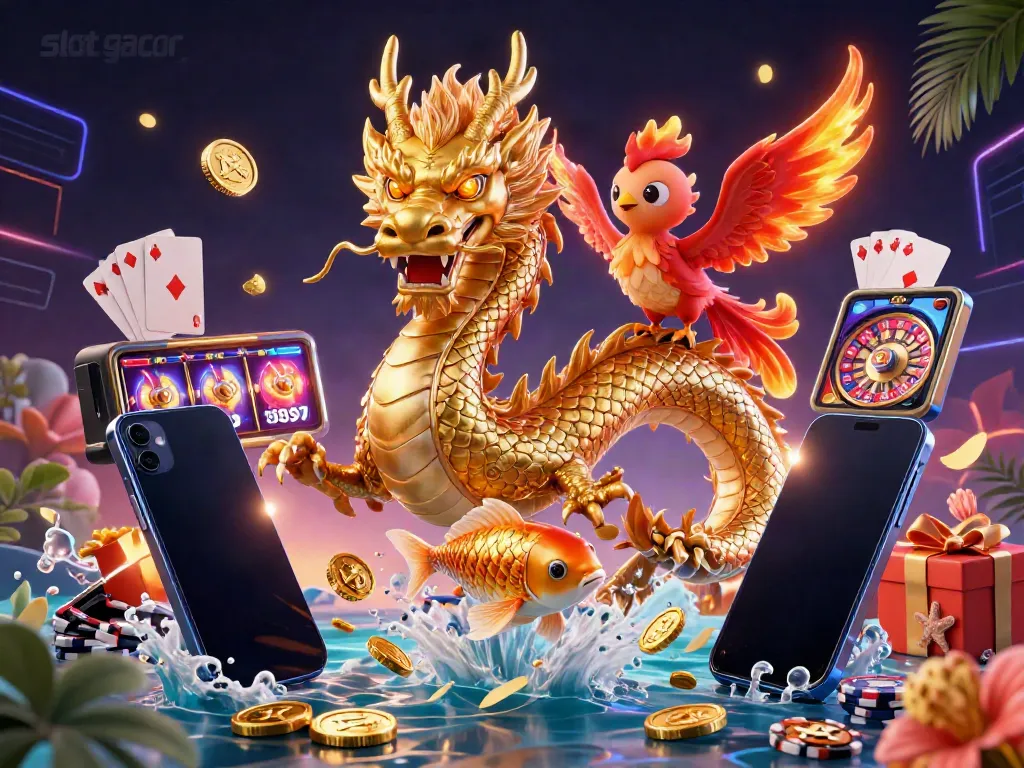 Experience the thrill of slot gacor through an enchanting 3D illustration featuring a dragon, phoenix, and koi amidst vibrant game elements.