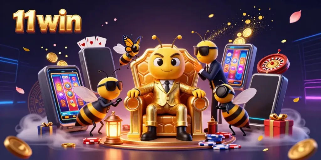 Experience the vibrant energy of 11 win with a dynamic casino scene depicting a bumblebee boss, gaming elements, and rich elements.