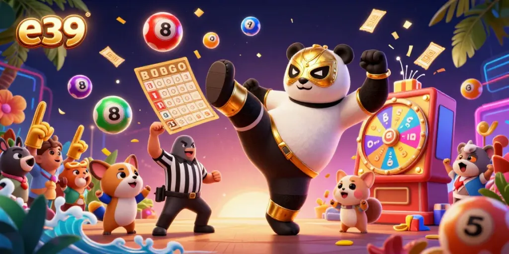 E39 gaming scene showcasing a panda wrestler and chihuahua referee amid vibrant lottery elements and audience excitement