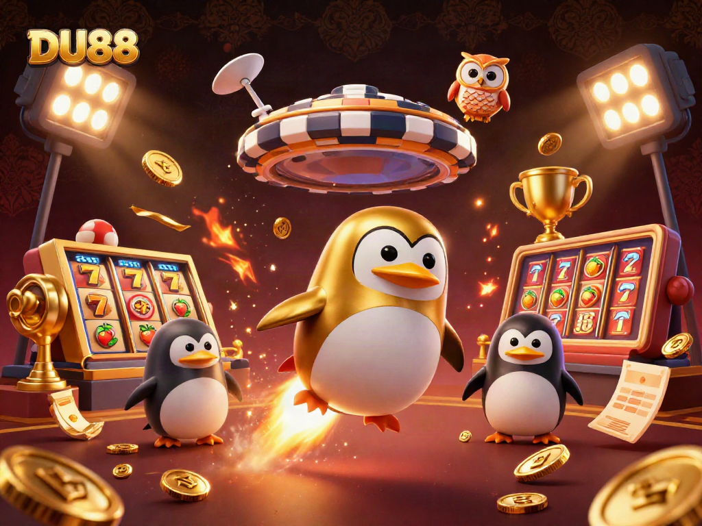 Experience thrilling gameplay with DU88, featuring a golden penguin, slot reels, and vibrant casino elements.