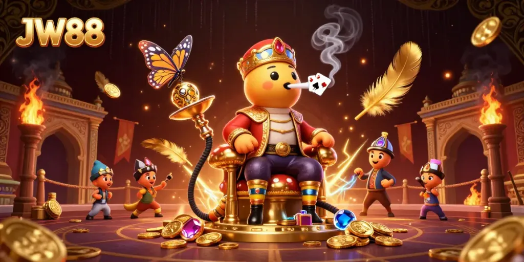 Engage with JW88's vibrant online gaming world featuring a 3D caterpillar hookah master and dynamic casino elements.