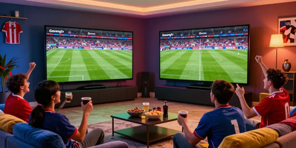 Fans enjoying a thrilling football match on Gavangtv in a cozy home theater setting.