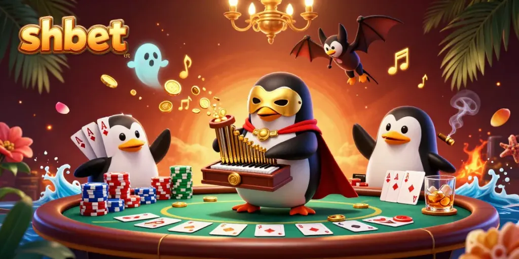 shbet attracts players with a magical 3D casino scene filled with gold coins and poker elements.