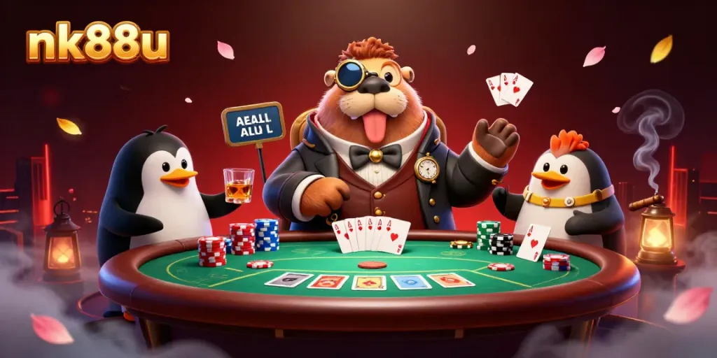 Experience thrilling poker action with nk88u as a jolly walrus plays at an underwater table.