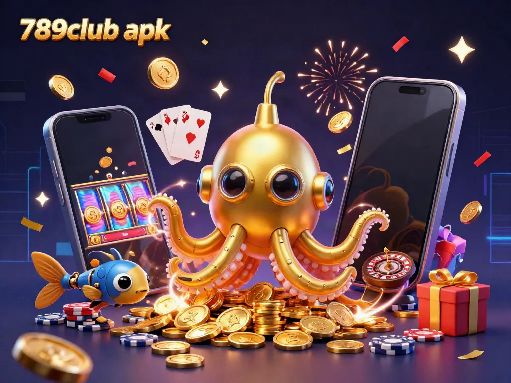 Experience the excitement of 789club apk with a kraken submarine and dynamic casino elements in a vibrant illustration.