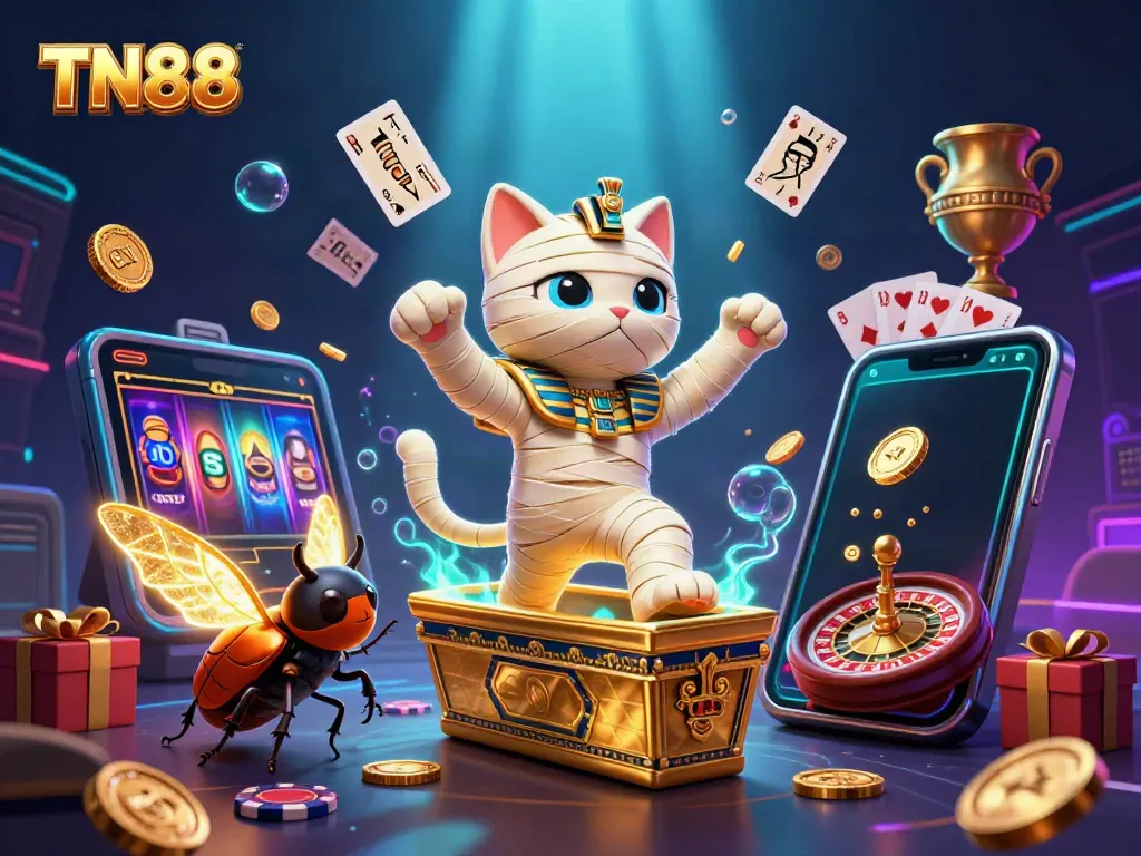 Engage in thrilling gameplay with TN88's vibrant casino scene featuring a bursting mummy cat and dynamic slot features.