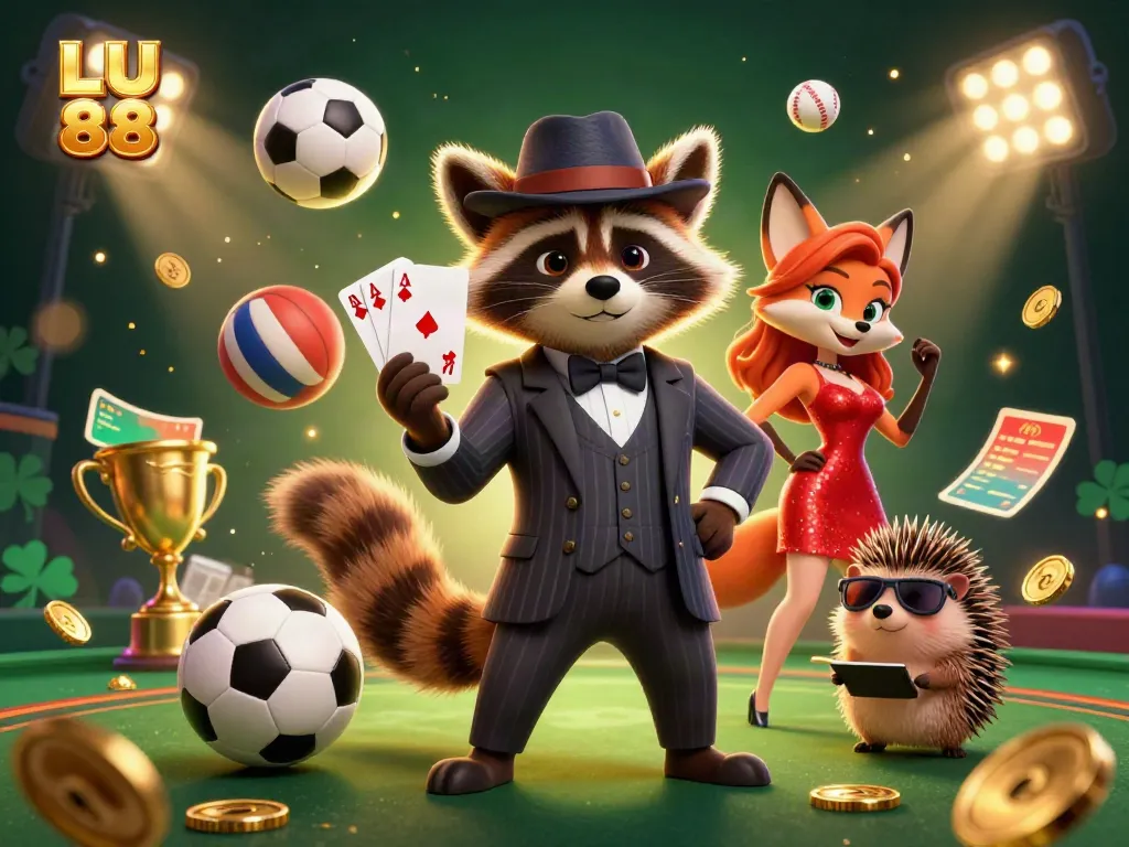 Experience thrilling moments at LU 88 with our cartoon gambling scene featuring iconic characters and game elements.