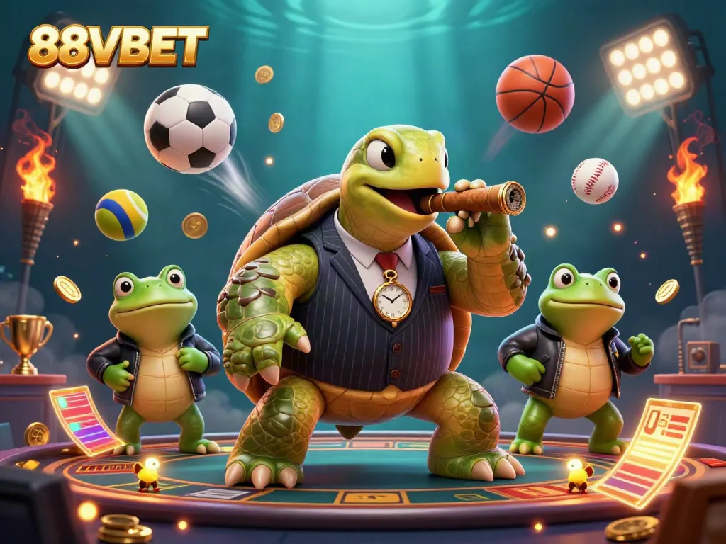 Join the fun with 88VBET in a lively casino scene featuring a custom turtle and frog characters.