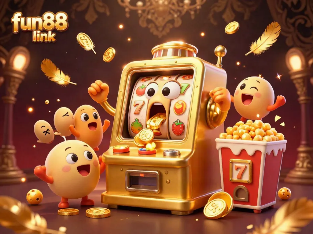 Cheer for the fun88 link as the golden slot machine wins big, surrounded by celebrating baby machines!