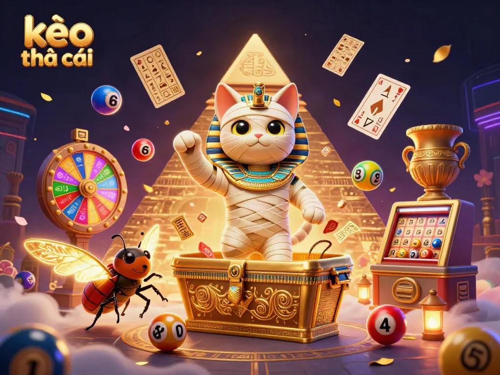 "kèo nhà cái" vibrant gaming scene featuring an Egyptian mummy cat and a scarab beetle amidst colorful lottery elements and a golden sarcophagus.