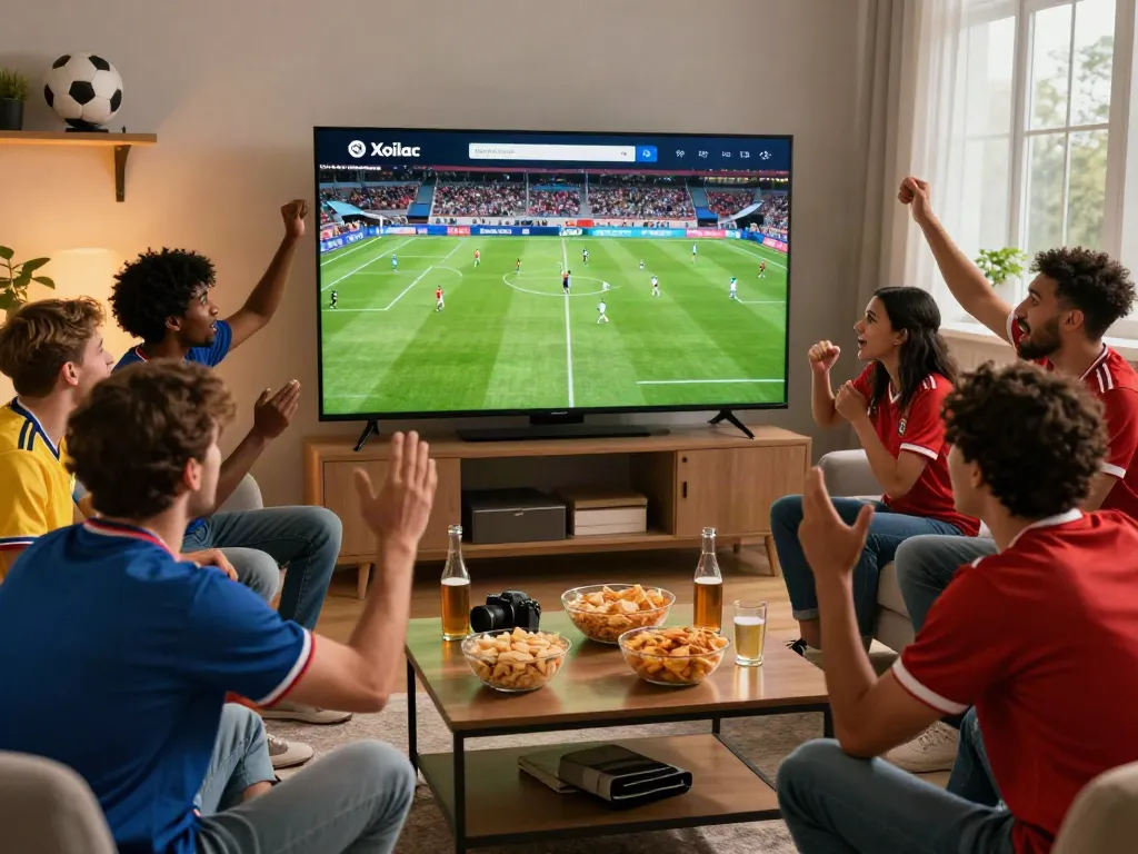 Excited viewers enjoying a football match using Xoilactv service in a cozy living room setting.