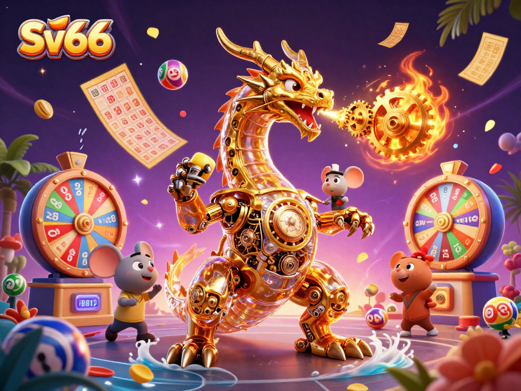 Win at Sv66 with a vibrant 3D illustration showing exciting casino elements and action.