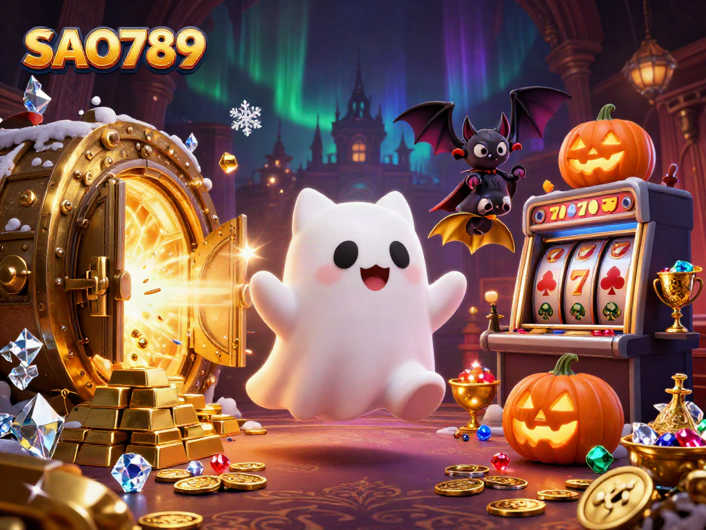 Engage with the thrilling casino world of SAO789 where a ghost cat and bat explore riches.