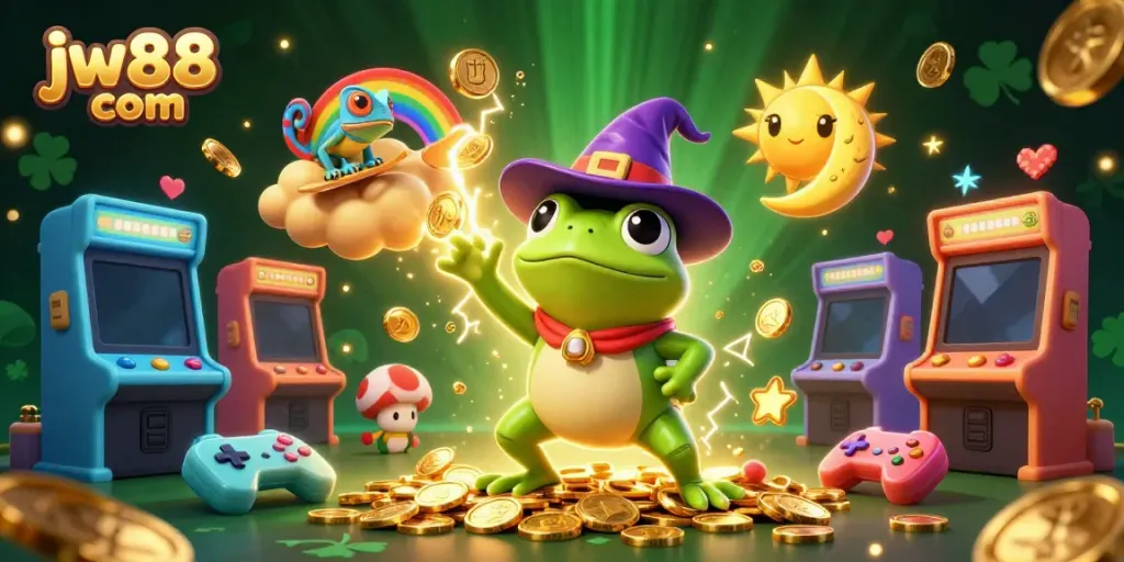 Experience excitement with jw88 com as a wizard frog conjures golden coins in a vibrant casino scene.