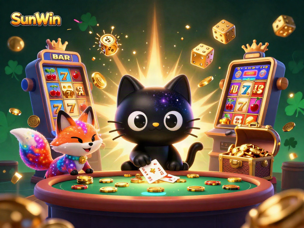 Experience exhilarating gameplay with SunWin in this vibrant cosmic casino scene filled with lucky symbols and big wins.