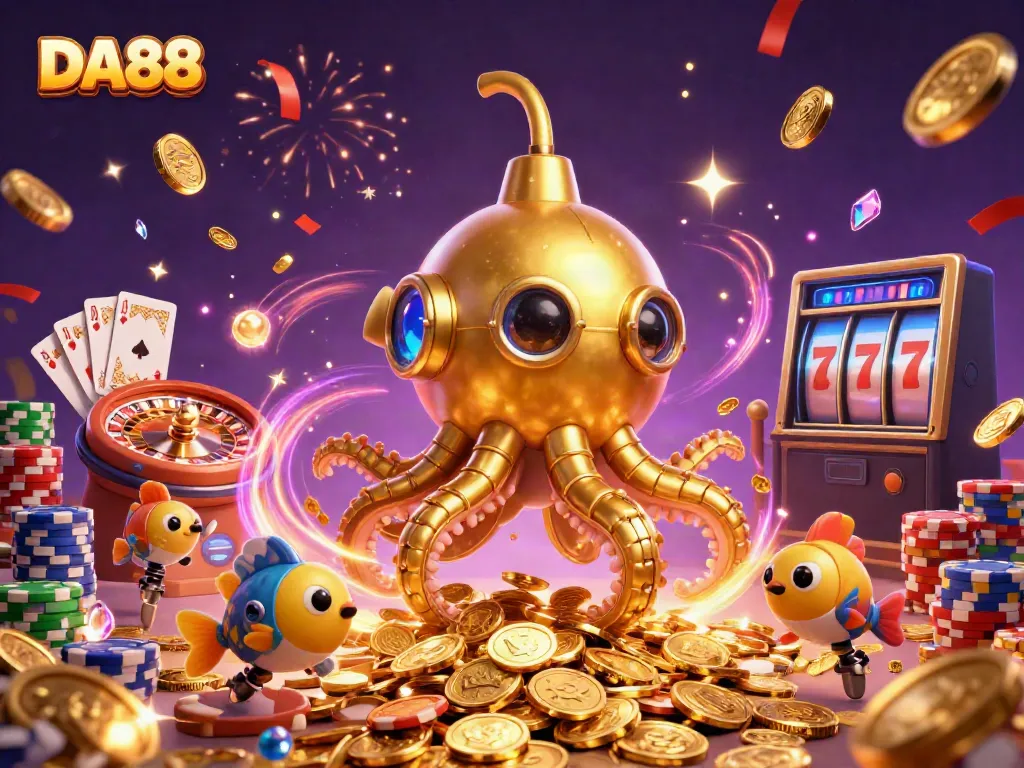 Engage with DA88's thrilling gaming experience featuring a golden kraken submarine in a sea of coins.