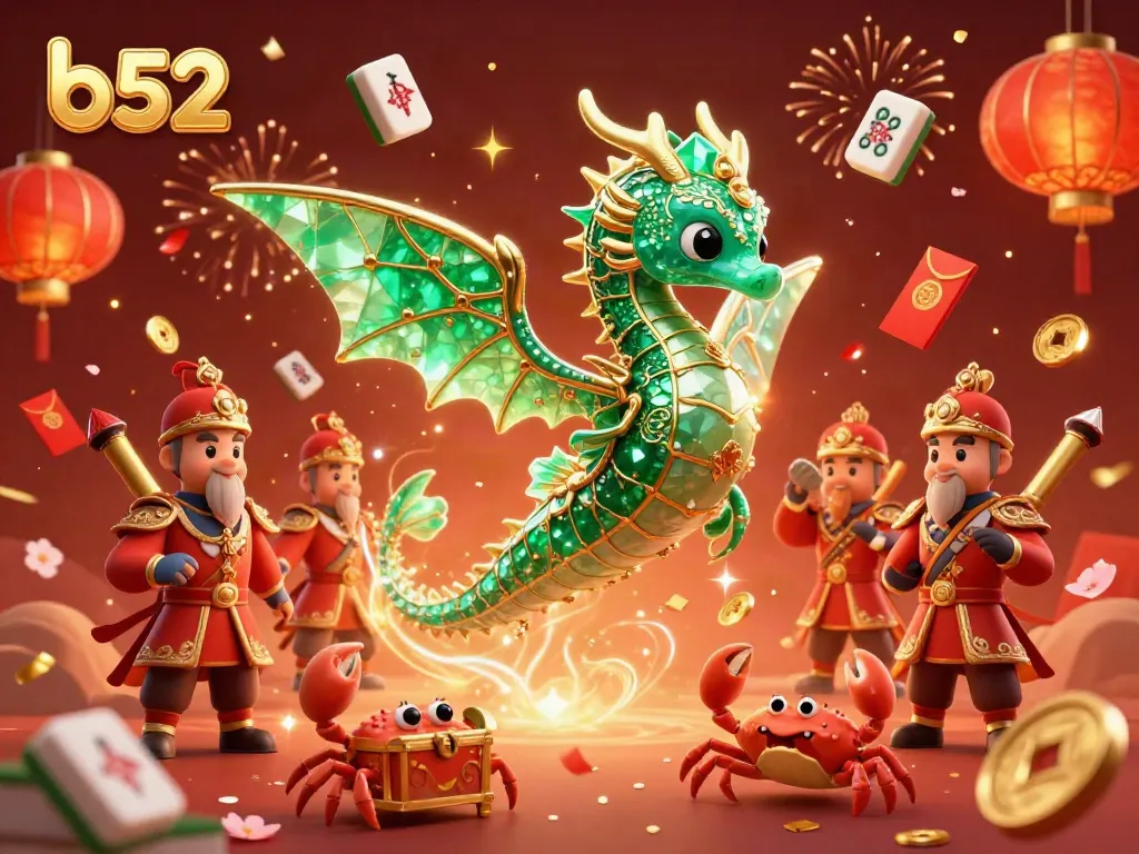Engage in the thrilling b52 experience with a mythical dragon and festive casino elements in a vibrant setting.