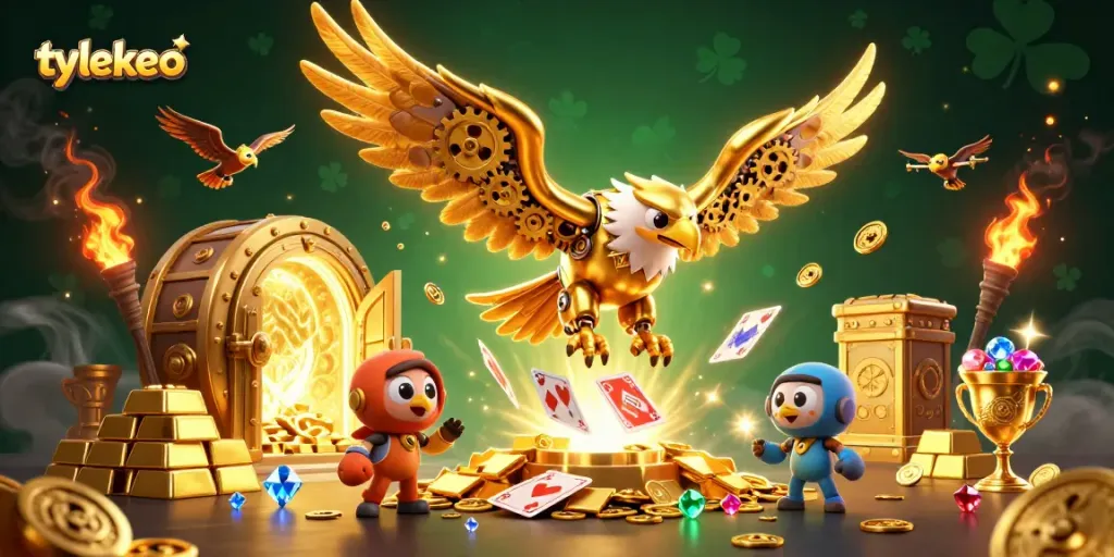 Experience the excitement of tylekeo with a dynamic illustration of a cybernetic eagle amidst winning casino elements.