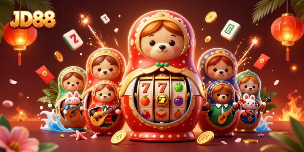 Engage in JD88 casino action with vibrant characters and rich gaming elements in a festive 3D scene.
