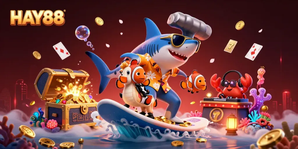 Surf the waves of fortune at HAY88 with our vibrant 3D casino illustration.