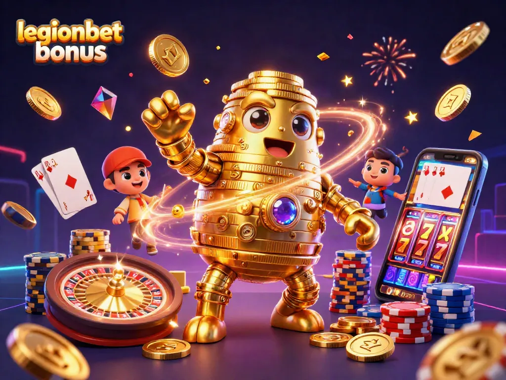 Engage with the legionbet bonus through a vibrant casino-themed scene bursting with winnings and game elements.