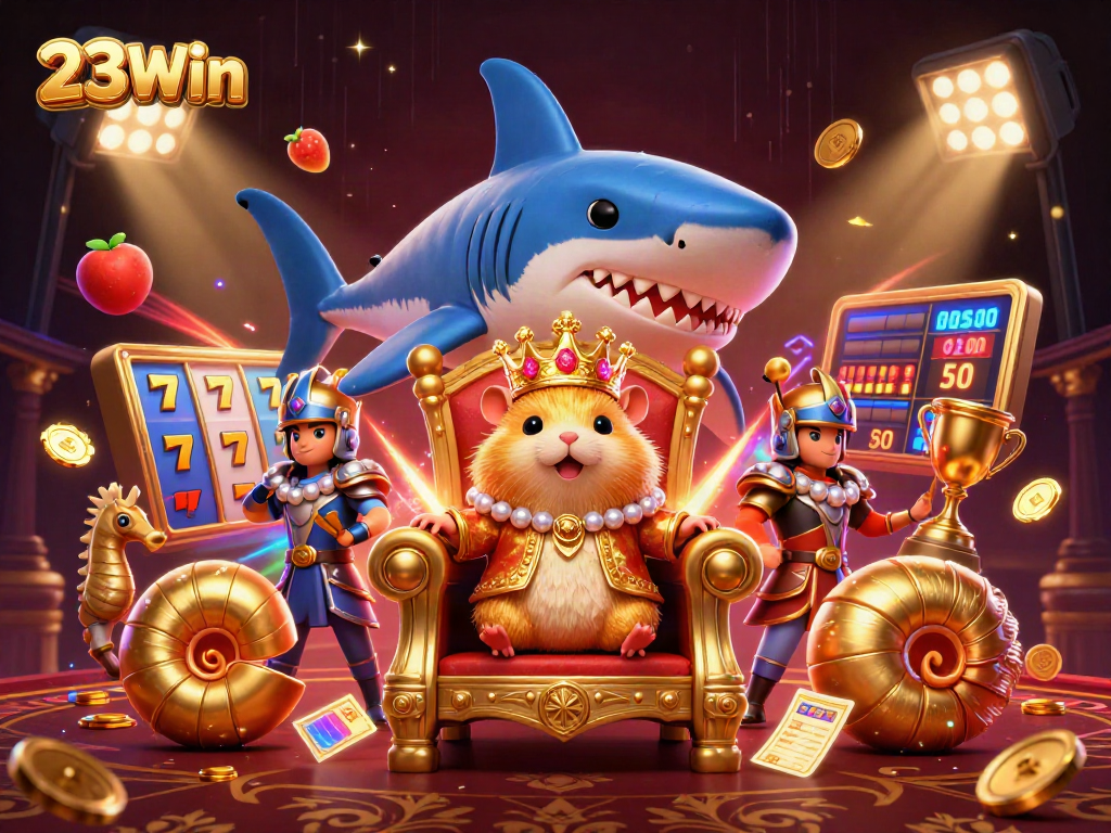 Join the excitement at 23Win with the golden hamster king and thrilling slots in a rich casino scene.