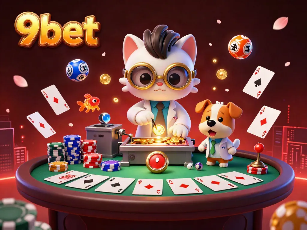 Engage with the 9bet fantasy scene showcasing a mad scientist cat and assistant amidst a vibrant casino setting.