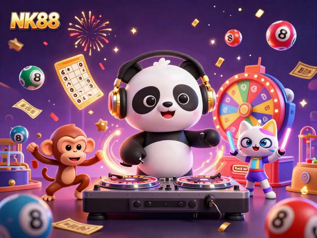 Experience the vibrant energy of NK88 as the DJ panda spins and characters celebrate with lottery elements.